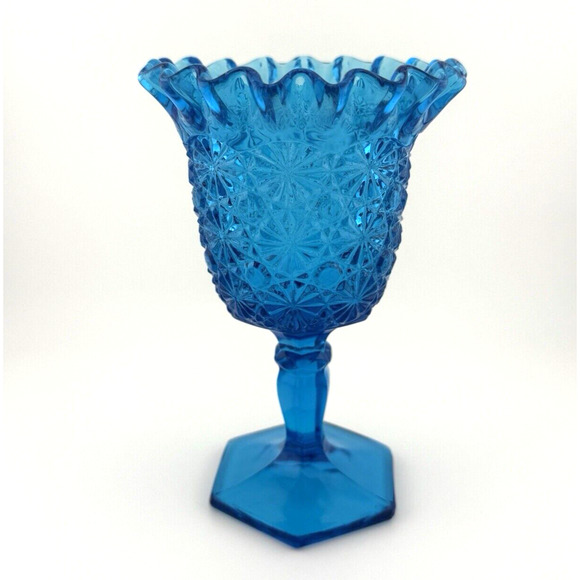 VTG MCM LE Smith Pressed Glass DAISY & BUTTON Blue Ruffled 6 1/2" Compote Vase - Picture 5 of 10